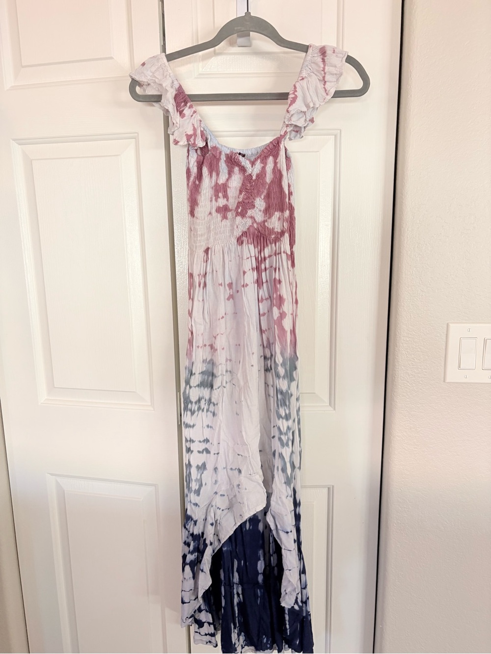 Tie-Dye Ruffle Strap Maxi Dress in Pink, White & Navy